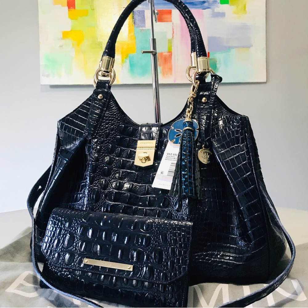 BRAHMIN SET - Elisa Ink Hobo + Checkbook Wallet + Sand Dollar Tassel - Picture 1 of 16